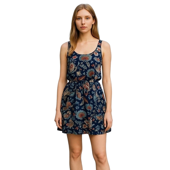 Aqua Blue Paisley Floral Fit & Flare Mini Dress Small Preowned - Picture 1 of 8